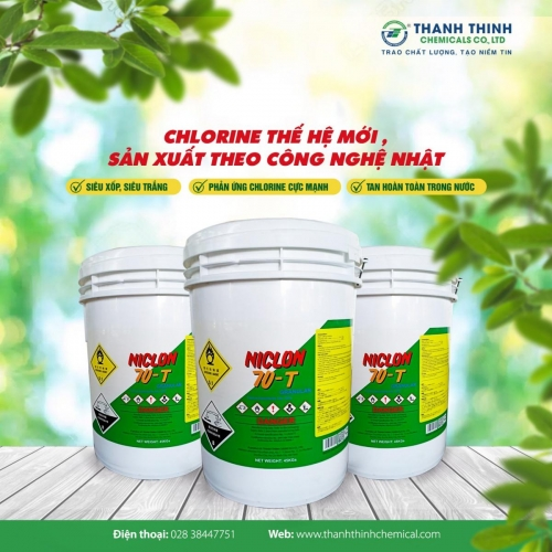 NICLON 70-T    - Chlorine thế hệ mới, sản xuất theo công nghệ Nhật, siêu xốp, siêu trắng, phản ứng chlorine cực mạnh, tan hoàn toàn trong nước 